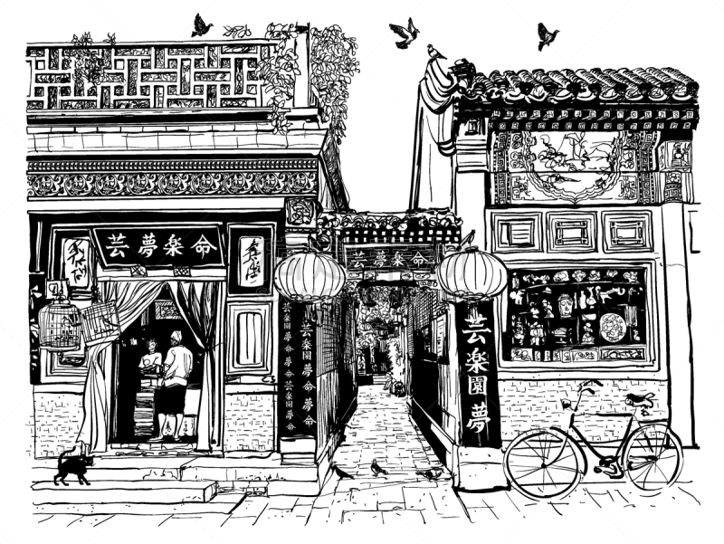古老的,房屋,传统,中文,自行车,窗户,鸽子,绘画插图,建筑,都市风景