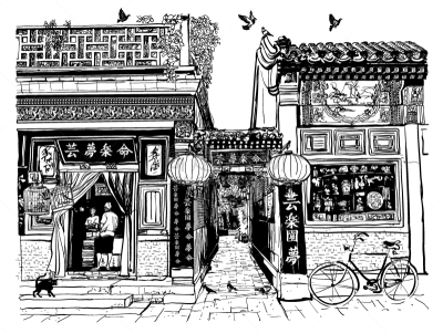 古老的,房屋,传统,中文,自行车,窗户,鸽子,绘画插图,建筑,都市风景