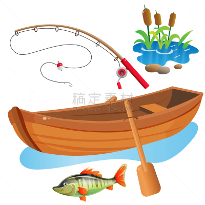 渔业,船,桨,绘画插图,卡通,鱼类,业余爱好,矢量,钓竿,白色背景
