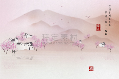 房屋,乡村,背景,山,高雅,植物,地形,绘画作品,花,树
