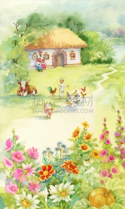 男孩,水彩画,地形,自然,图像,草,小的,矢量,平原,鸡