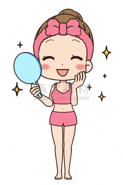 女人,全身像,绘画插图,镜子,正面视角,可爱的,卡通,日本,美人