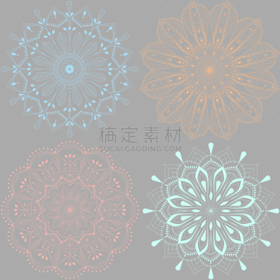 绘画插图,瑜伽,矢量,曼荼罗,四个物体,灰色背景,可爱的,华丽的,请柬