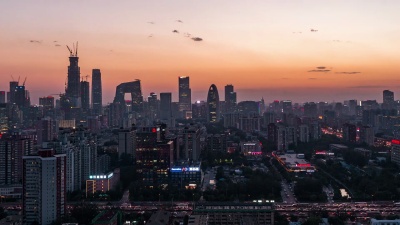 延时摄影-北京天际线的高视图，黄昏到黑夜的过渡