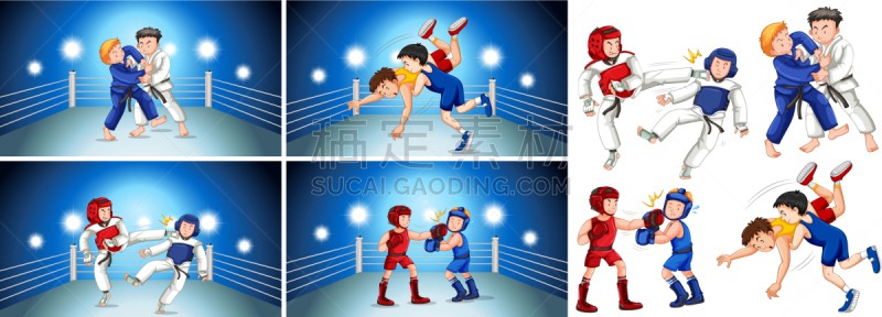 four scenes people doing different martial arts
