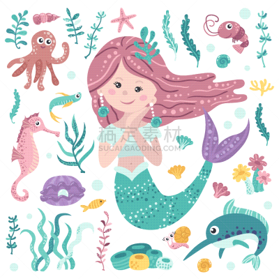 可爱的,海洋,海草,美人鱼,飘然,公主,小的,头发,童话故事,绘画插图
