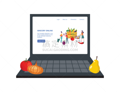 食品,绘画插图,开着的,笔记本电脑,显示器,矢量,平坦的,移动应用程序,分离着色,递送
