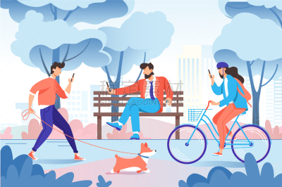 公园,城市,狗,人,手机,插画,长椅,放松,散步,休闲
