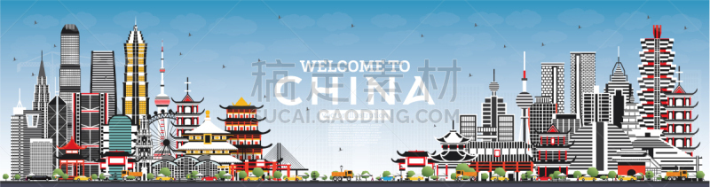 灰色,城市天际线,建筑外部,欢迎标志,成都,重庆,建筑,插画