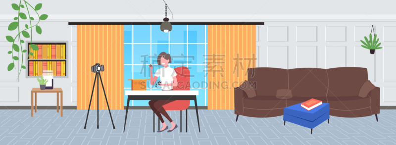 技术,全身像,耳机,三脚架,概念,相机,水平画幅,博客,女人,盒子