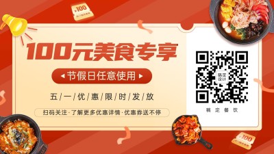 五一劳动节餐饮美食节日优惠券横版海报