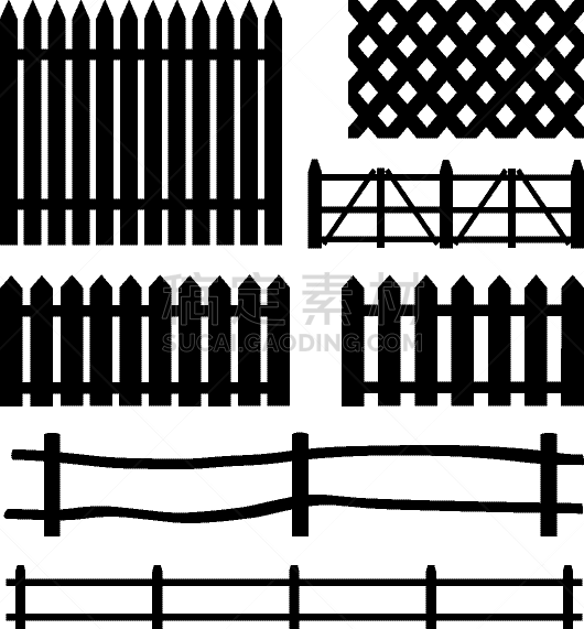 set rural fences silhouettes