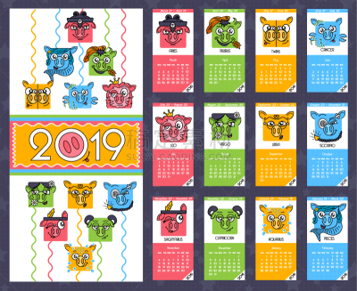 2019,猪,动物,幽默,分离着色,可爱的,概念,模板,算命