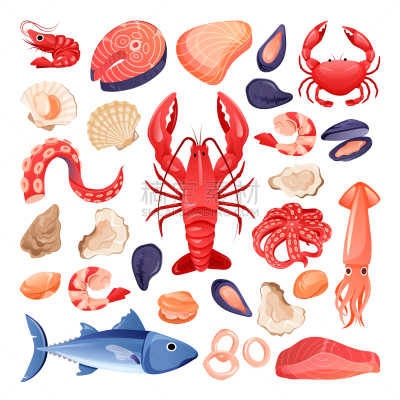 食品,绘画插图,卡通,鱼类,生食,海产,平坦的,计算机图标,矢量,清新