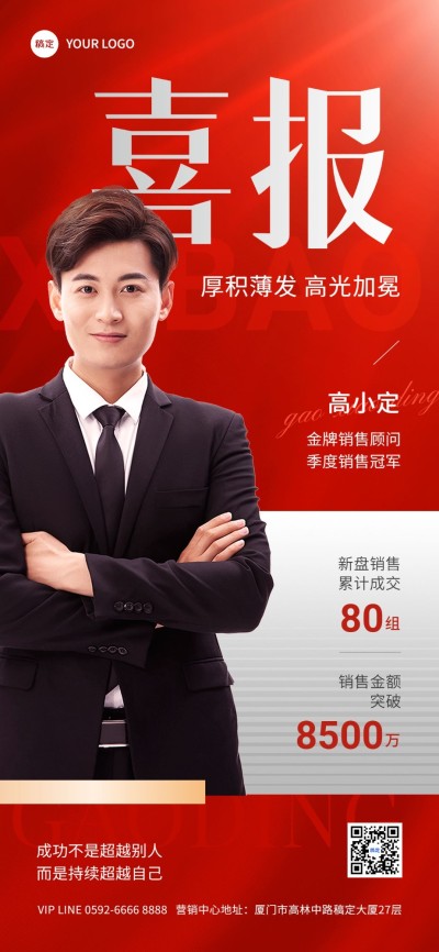 房地产销售中介业绩表彰人物喜报全屏竖版海报