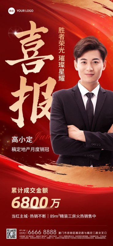 房地产销售中介加推业绩表彰人物喜报喜庆风全屏海报预览效果