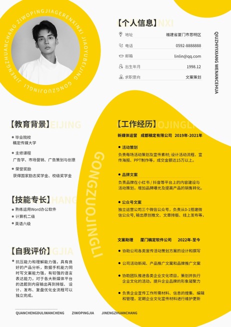 企业求职者自我介绍简约色块简历预览效果