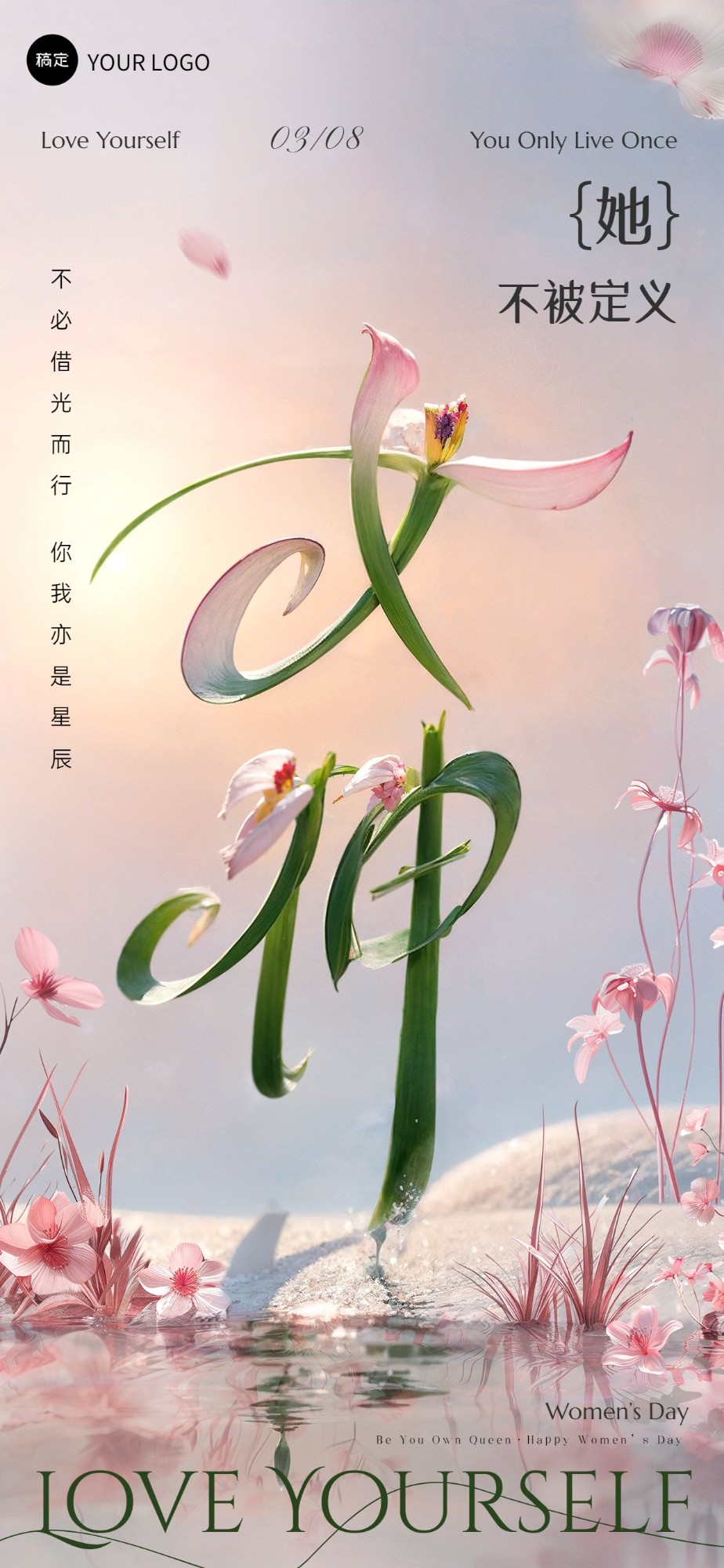 企业三八妇女节节日祝福SD文字创意全屏竖版海报AIGC