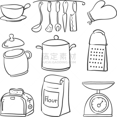 设备用品,乱画,厨房,银餐具,饮料,可爱的,咖啡,食品,收集,烹调