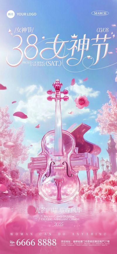 38妇女节梦幻感数字花朵湖泊海报AIGC