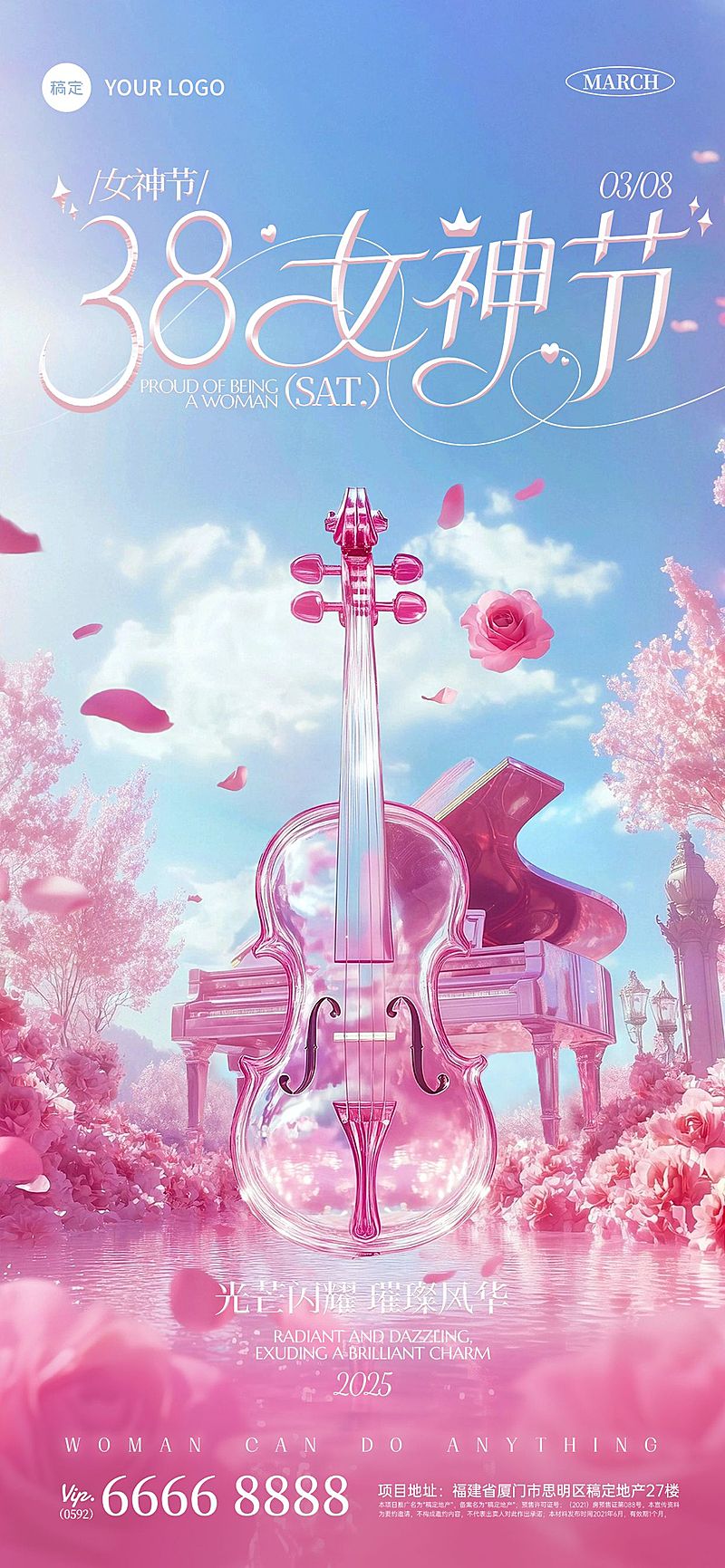 38妇女节女神女王节梦幻感数字花朵湖泊海报AIGC