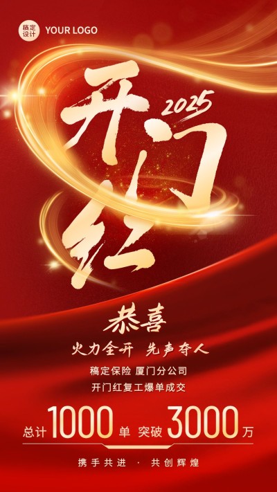 春节金融保险开门红业绩表彰喜报战报大气喜庆手机海报