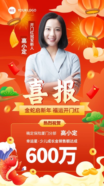 金融保险开门红销售业绩表彰人物喜报国潮风手机海报