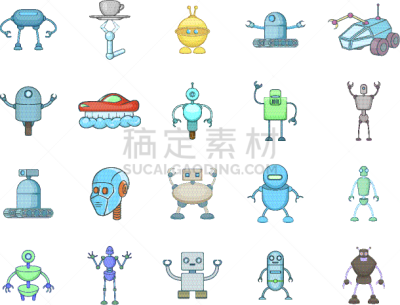 自动的,时尚,动画片,图标集,分离着色,可爱的,电子人,计算机,制造机器,收集