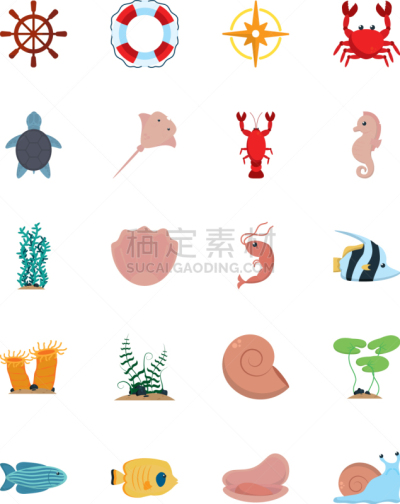 海洋,分离着色,图标集,生物学,野生动物,魟鱼,海龟,想法,水生动植物,设计