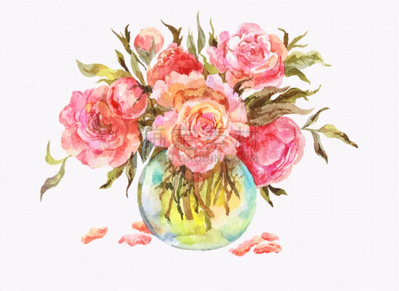 花瓶 水彩画 牡丹 玫瑰 粉色 分离着色 图像 花朵 复古图片素材下载 稿定素材