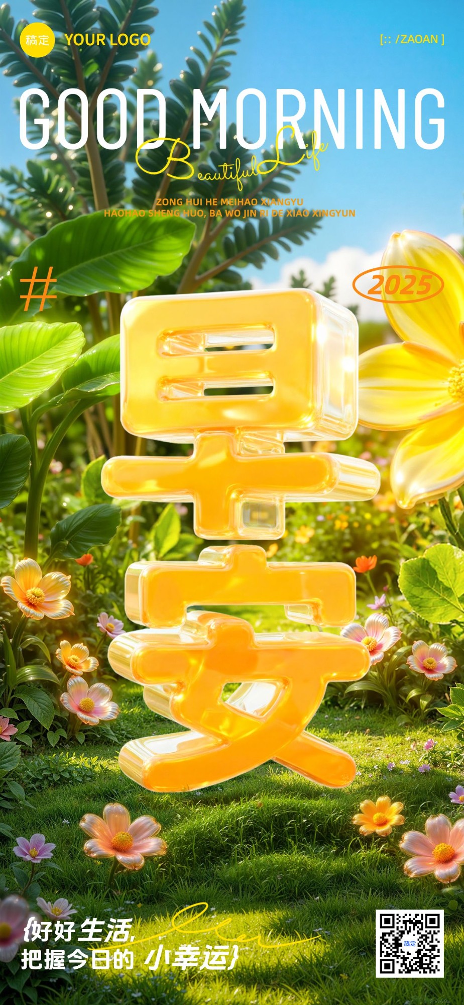 日签早安祝福问候正能量语录全屏竖版海报AIGC预览效果