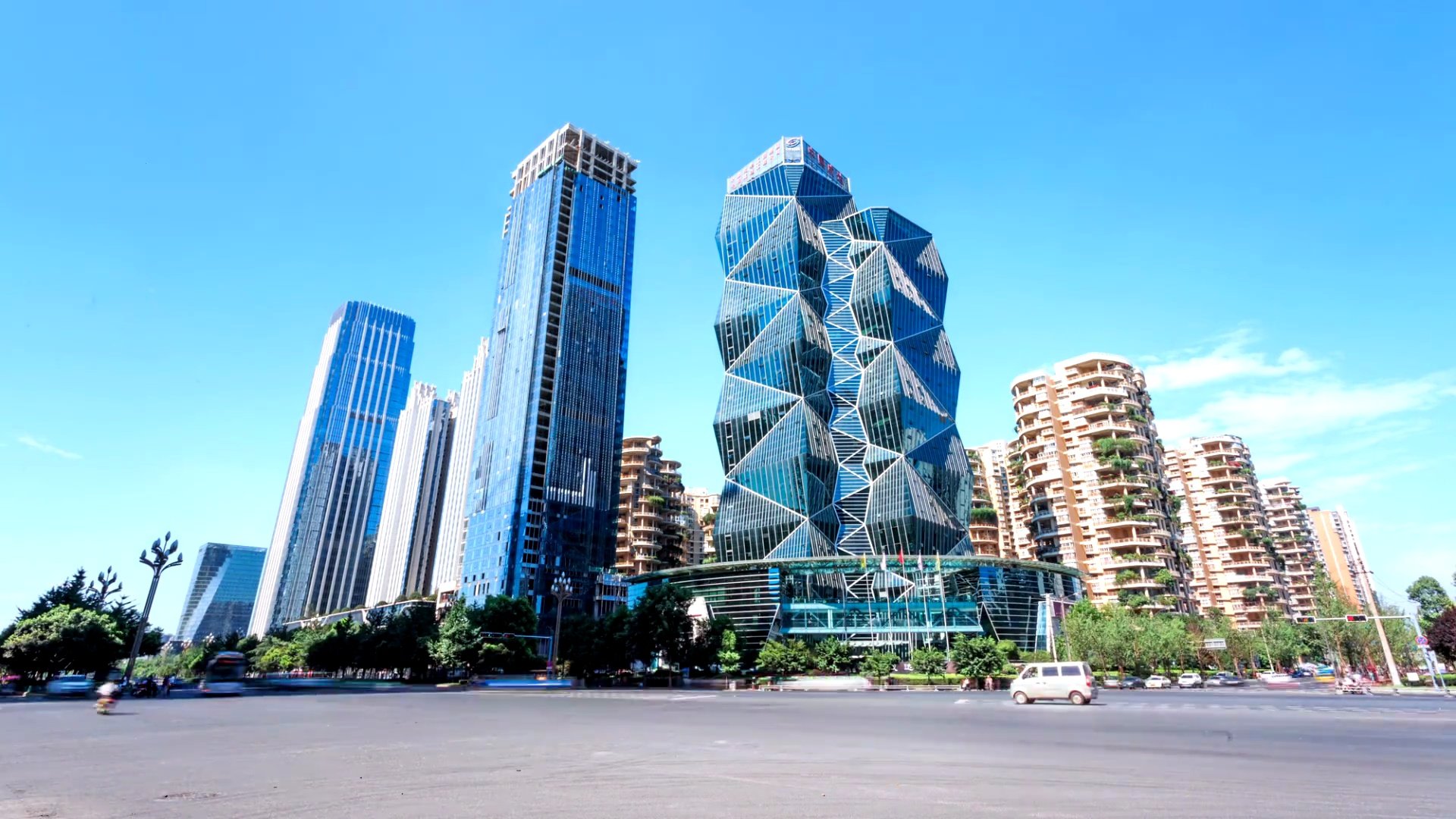 成都的天际线，交通和现代建筑，时光流逝