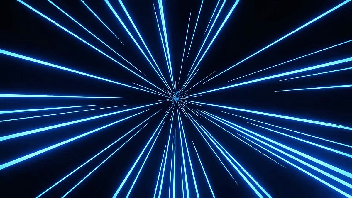 Moving glowing neon Lines blue color. Space travel through Illuminating stars. Motion graphic 4K. 3d render