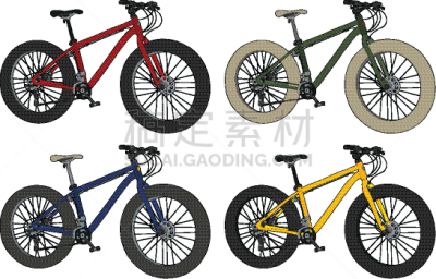 彩色图片,四个物体,胖胎自行车,黄色,红色,脚踏车,图像,自行车,矢量,关闭