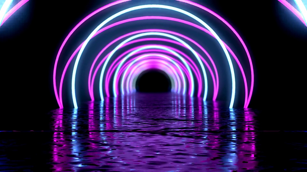 Glowing neon tunnel. Abstract seamless background.  Fluorescent ultraviolet light.