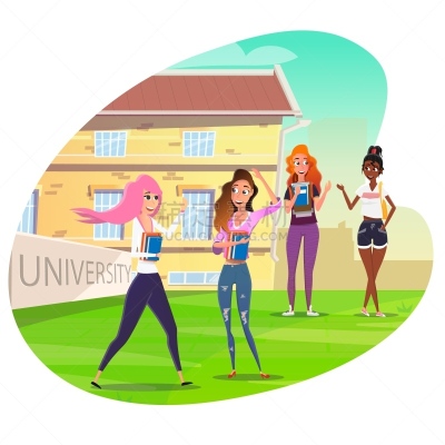 时间,大学生,女孩,人群,专门技术,图书馆,女人,户外,绘画插图,卡通