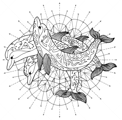 海豚,黑白图片,三个物体,华丽的,替代医药,几何形状,平衡,几何学,画画
