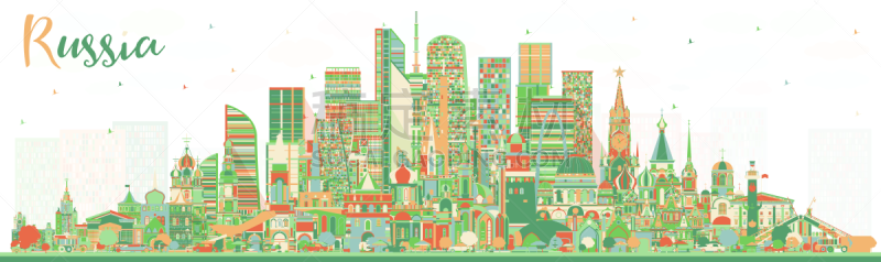 绘画插图,城市天际线,建筑外部,俄罗斯,彩色图片,矢量,商务,伏尔加格勒,莫斯科,云