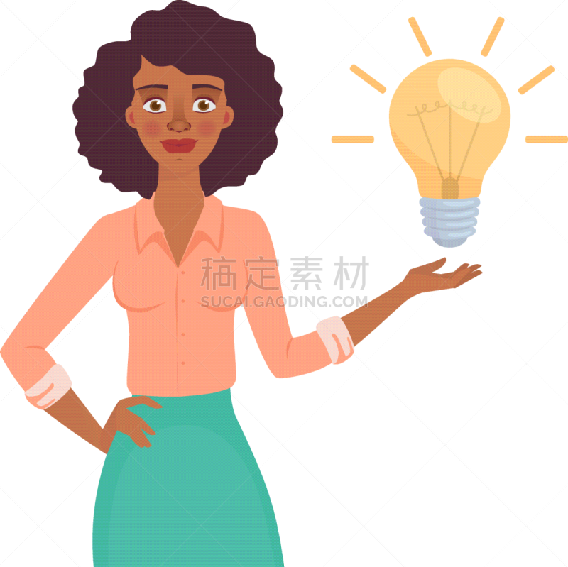 想法,能源,绘画插图,非洲人,符号,女商人,灯,矢量,商务,背景分离