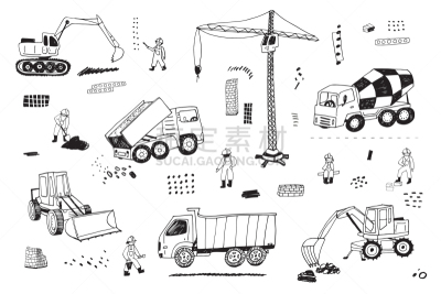 建筑业,沥青,卡车,工程师,汽车,掘进机,公路,交通方式,绘画插图,卡通