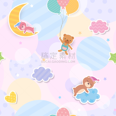 可爱的,熊,式样,就寝时间,线条,贺卡,女婴,云,柔和色,动物