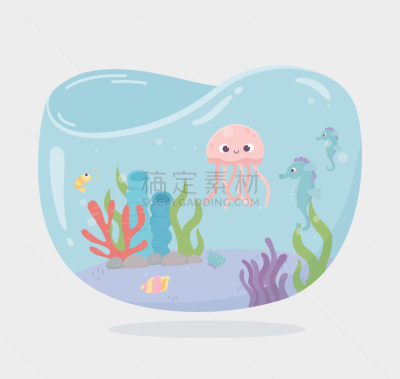 在下面,礁石,卡通,海马,水母,海洋,鱼类,水