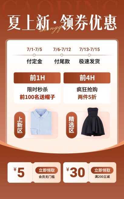 服饰箱包潮牌服饰夏季上新优惠券活动权益电商竖版海报预览效果