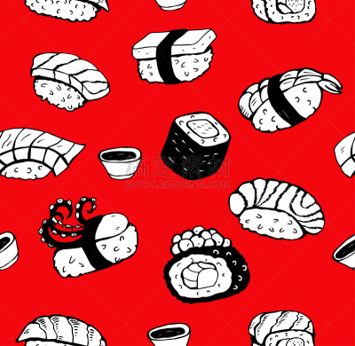 寿司,绘画插图,日本,矢量,式样,黑白图片,红色背景,传统,清新,寿司卷