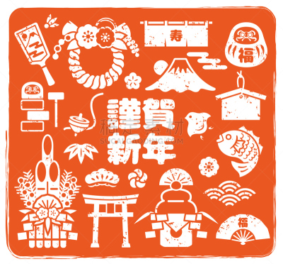 新年前夕,绘画插图,日本,镜饼,可爱的,一月,富士山,鸟居,卡通