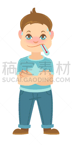男孩,温度计,人的嘴,温度,白色人种,儿童,白色,身体不适,测量,生病