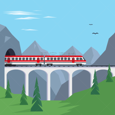 绘画插图,火车,概念,矢量,桥,山,旅途,云,迅速