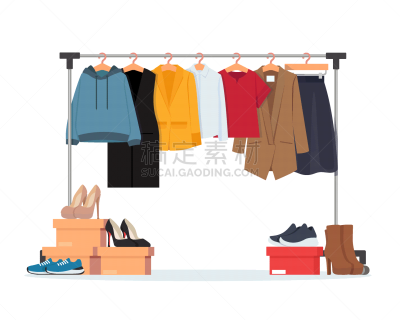 绘画插图,服装店,矢量,衣柜,鞋具,个性,挂衣架,女人,扁平化设计,休闲装
