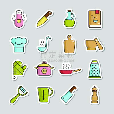 矢量,厨房,图标集,食品,菜单,手套,测量工具,烹调,杯,擦菜板