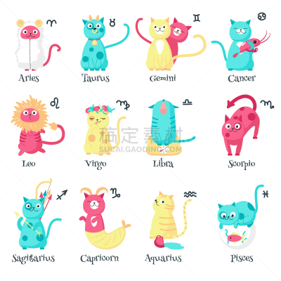 可爱的,分离着色,猫,标志,天秤座,水瓶座,狮子,动物,双鱼座,蝎子